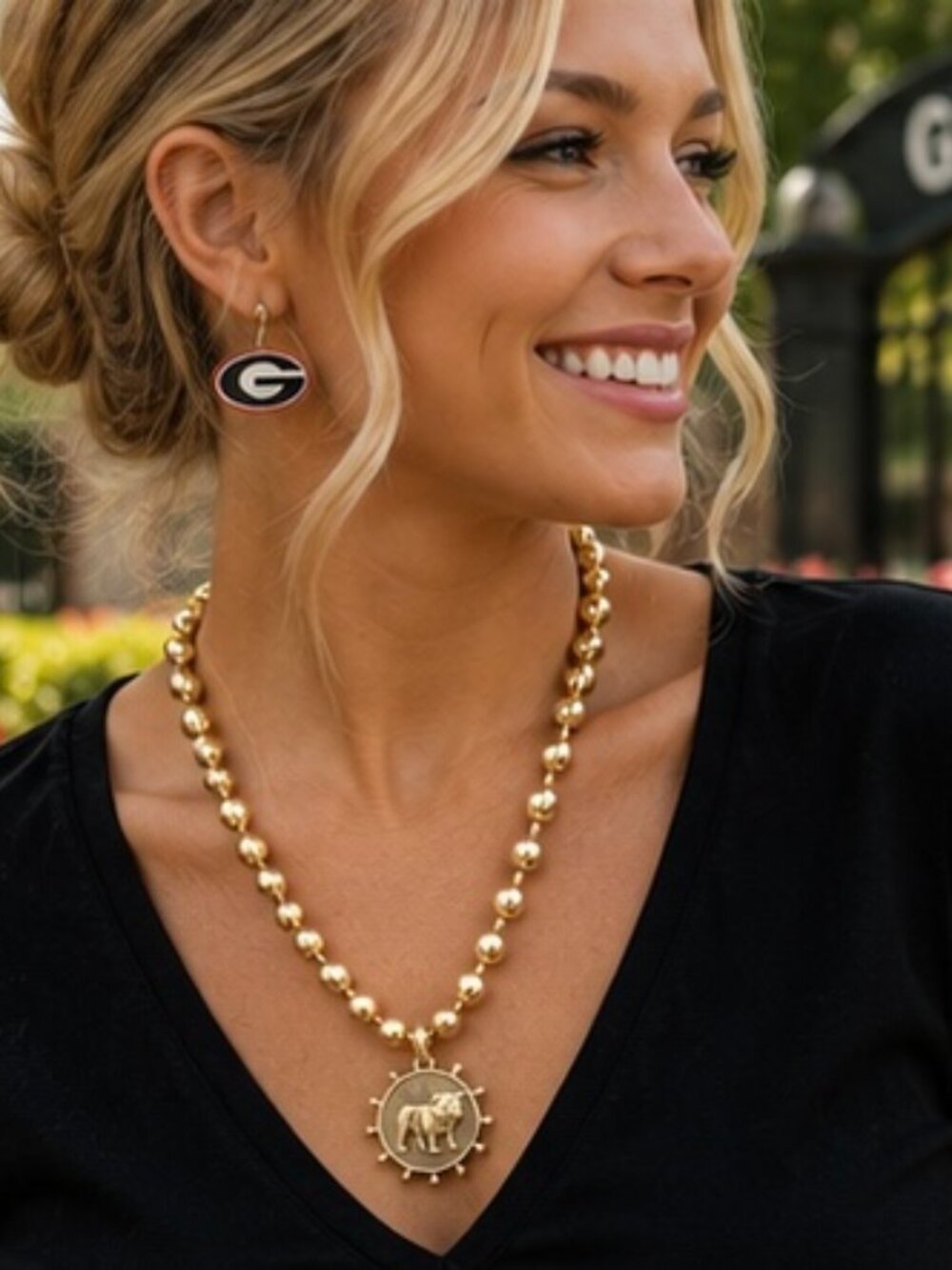Gold Bulldog Medallion Necklace, Gold Beaded Game Day Necklace, Georgia Inspired